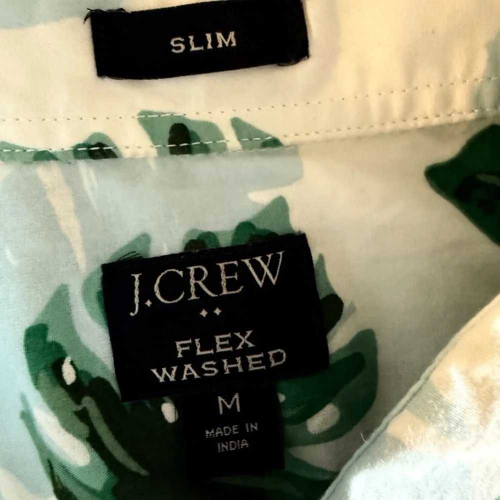 J.Crew Button Down Shirt Leaf Flex Washed Slim Fit Preppy White Green Summer M